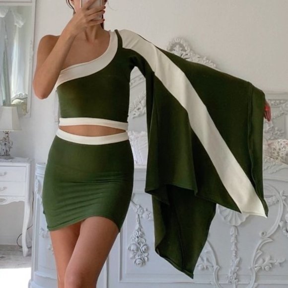 Vintage Bodycon One Shoulder Hippie Bell Sleeve Green Crop Top Skirt Set - Picture 8 of 8